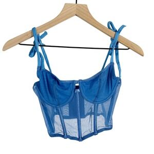 Kat The Label Femme Bustier Bone Bodice Mesh Crop Top Cobalt Blue Extra‎ Small